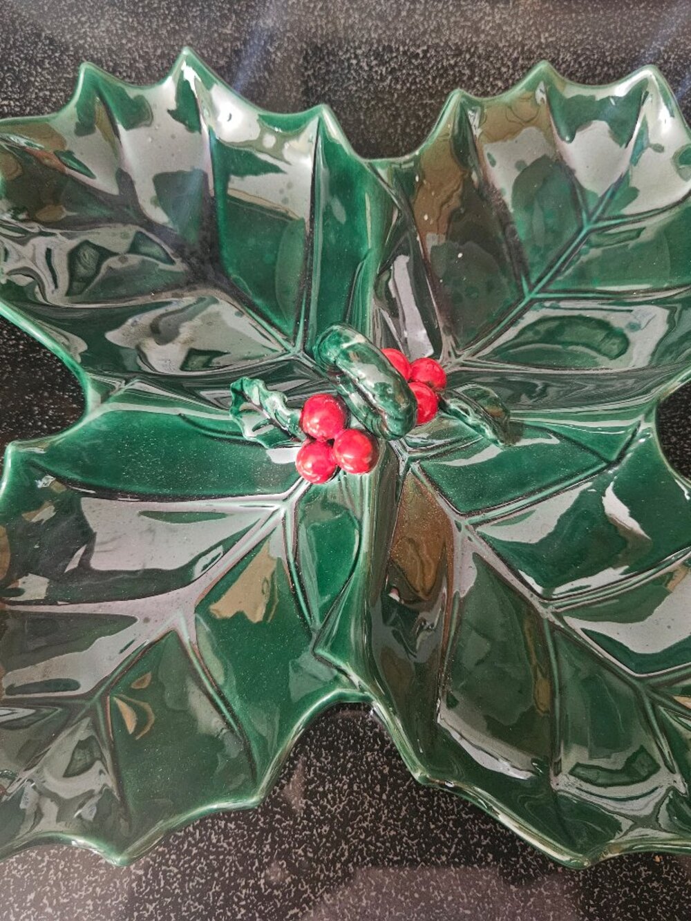 Vintage Lefton Japan Holly Berry 4 Section Christmas Candy Nut Dish Bowl #1352